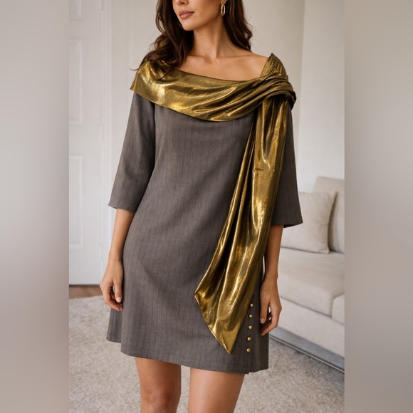 Alice + Olivia Dresses & Skirts - Alice + Olivia Draped Sash Dress Green Gold Metallic Mini Size M